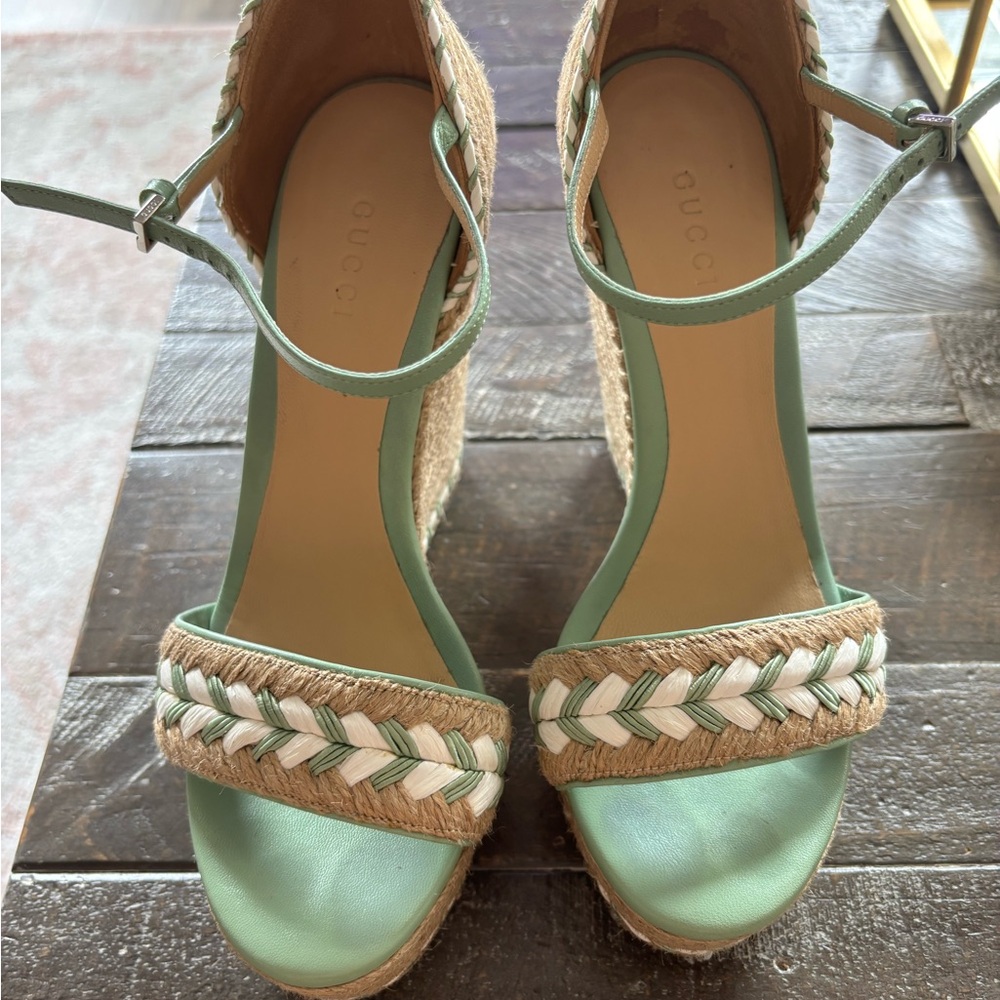 Gucci Green and Tan Wedge Espadrilles with Ankle Strap